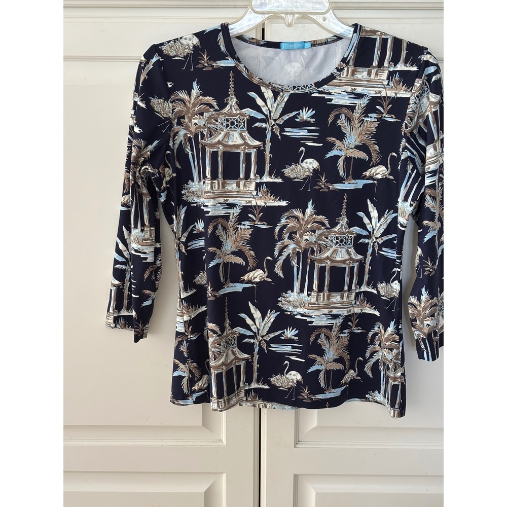 J. McLaughlin Navy Tropical Toile Pagoda Flamingo Catalina Cloth Top Small